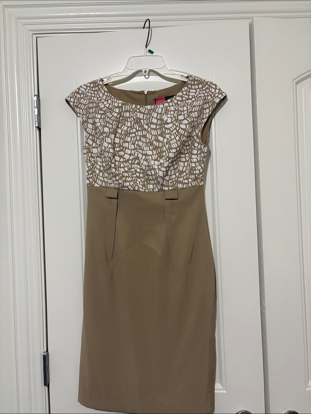 connected apparel Tan and White Patterned Midi Sheath Dress
